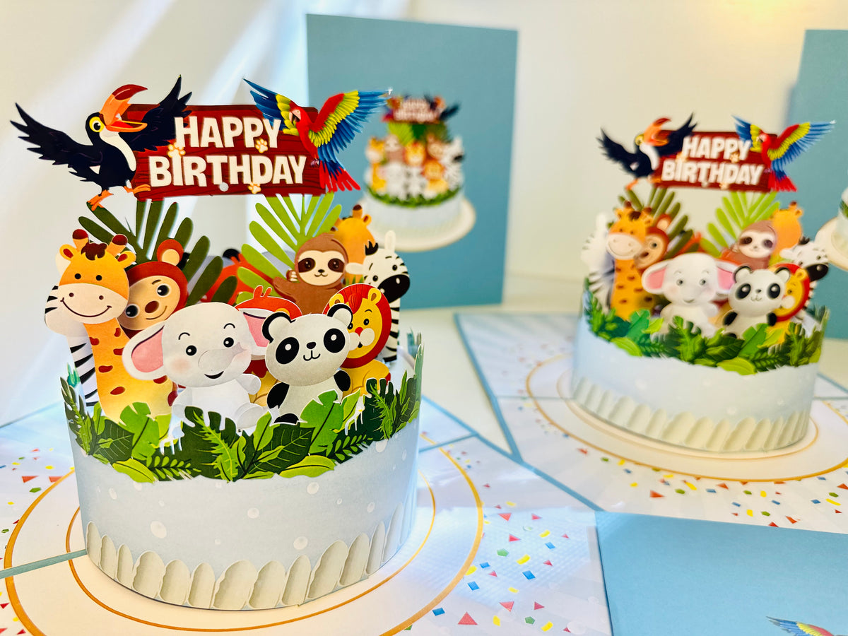Happy Birthday Cake Safari Baby Jungle Party Origami Pop Cards 3D Pop Up Greeting Card Thank You Handmade Gift Thinking of You Happy Birthday Occasion Australiana Celebrate the Beauty and Happiness During Special Day Best Wishes Gift