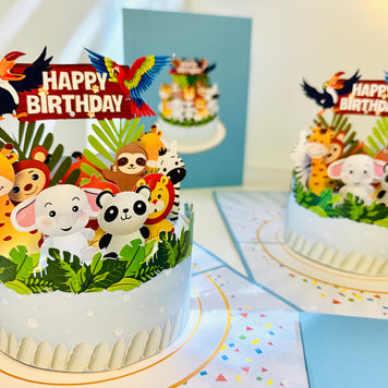 Happy Birthday Cake Safari Baby Jungle Party Origami Pop Cards 3D Pop Up Greeting Card Thank You Handmade Gift Thinking of You Happy Birthday Occasion Australiana Celebrate the Beauty and Happiness During Special Day Best Wishes Gift