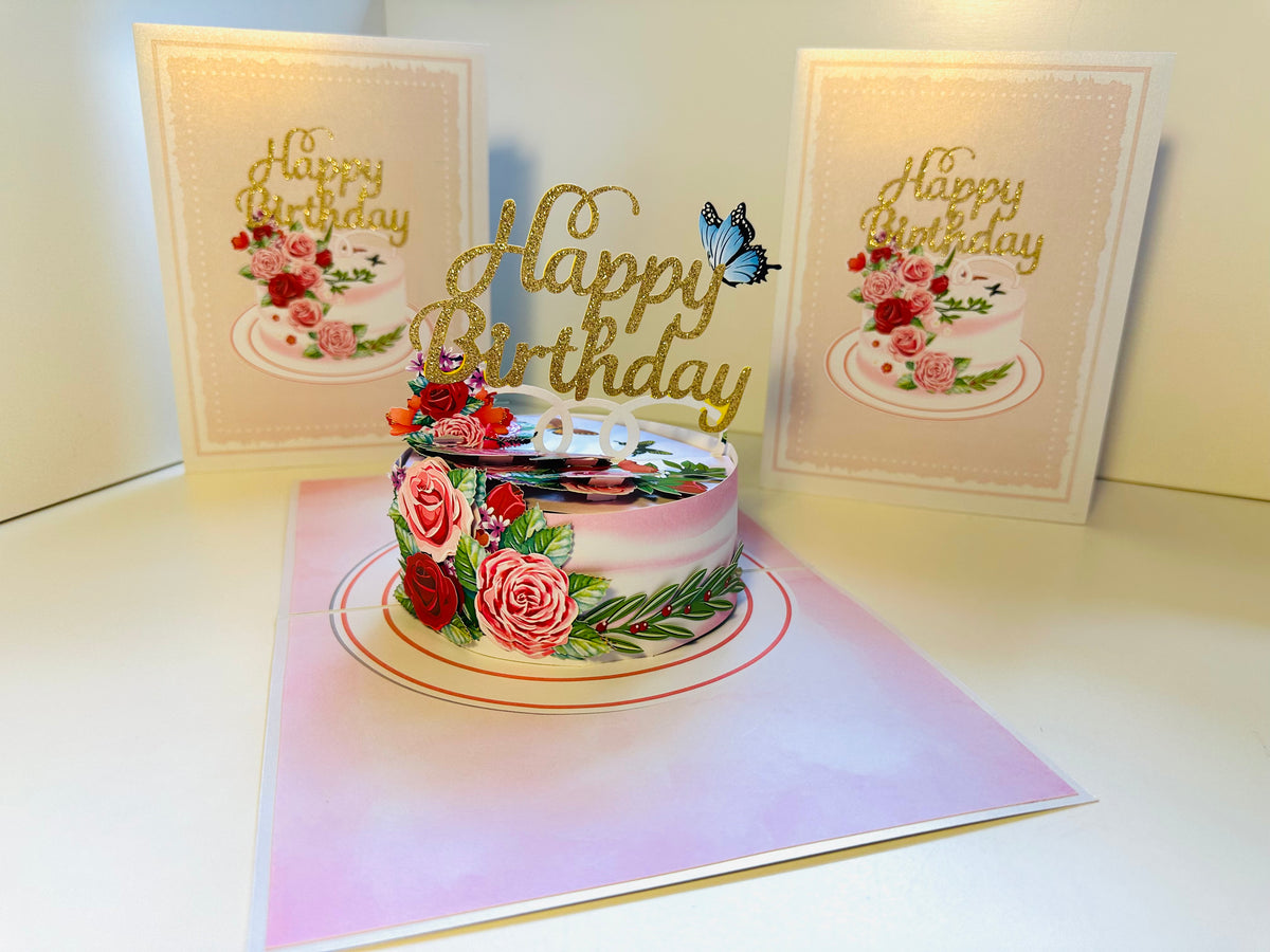 Happy Birthday Cake with Blue Butterflies Origami Pop Cards 3D Pop Up Greeting Card Thank You Handmade Gift Thinking of You Happy Birthday Occasion Australiana Celebrate the Beauty and Happiness During Special Day Best Wishes Gift