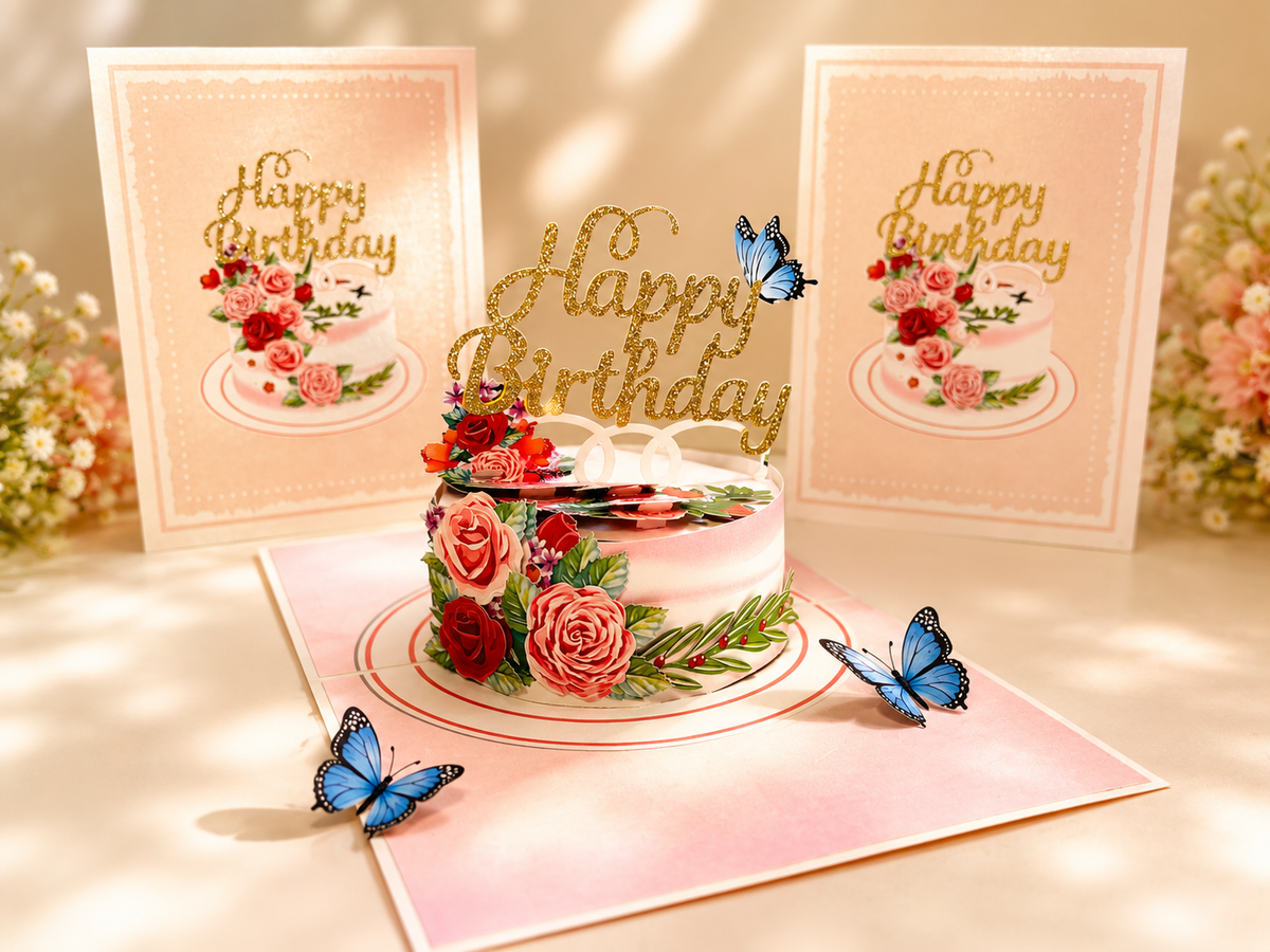 Happy Birthday Cake with Blue Butterflies Origami Pop Cards 3D Pop Up Greeting Card Thank You Handmade Gift Thinking of You Happy Birthday Occasion Australiana Celebrate the Beauty and Happiness During Special Day Best Wishes Gift