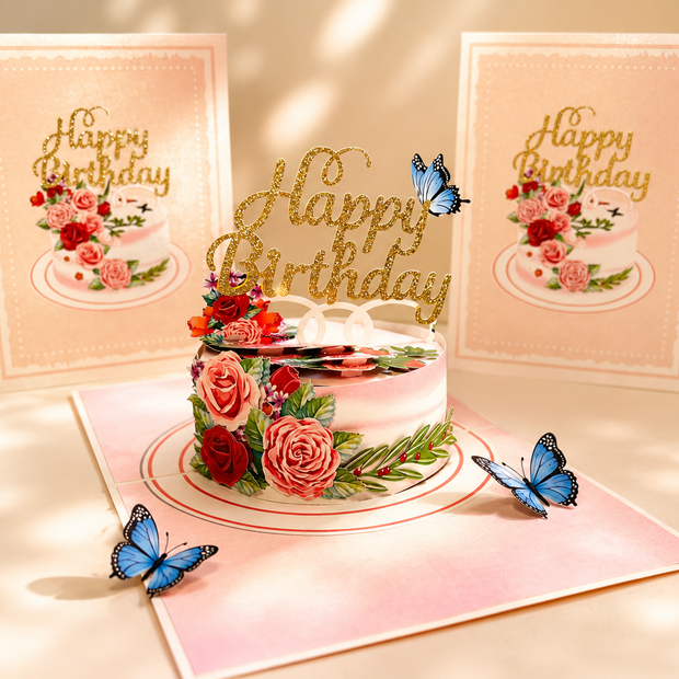 Happy Birthday Cake with Blue Butterflies Origami Pop Cards 3D Pop Up Greeting Card Thank You Handmade Gift Thinking of You Happy Birthday Occasion Australiana Celebrate the Beauty and Happiness During Special Day Best Wishes Gift