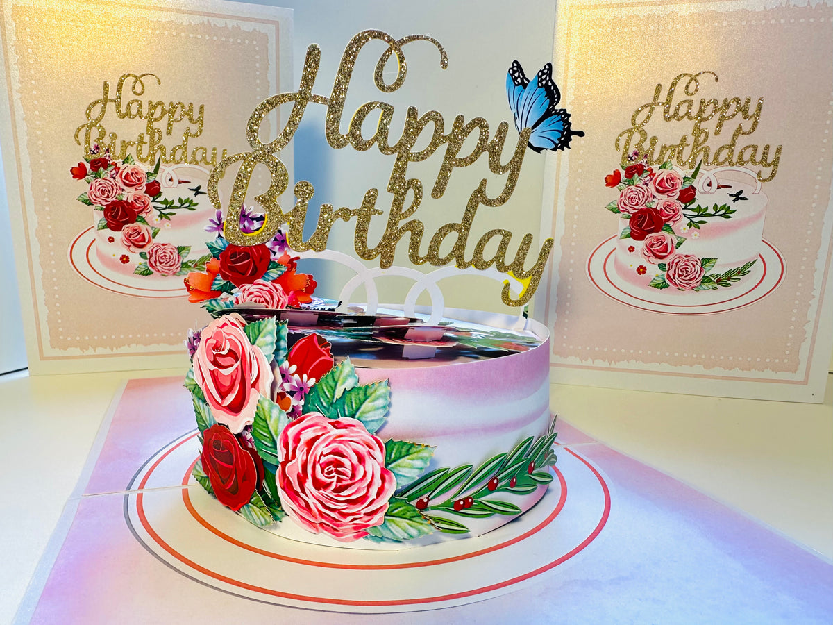 Happy Birthday Cake with Blue Butterflies Origami Pop Cards 3D Pop Up Greeting Card Thank You Handmade Gift Thinking of You Happy Birthday Occasion Australiana Celebrate the Beauty and Happiness During Special Day Best Wishes Gift