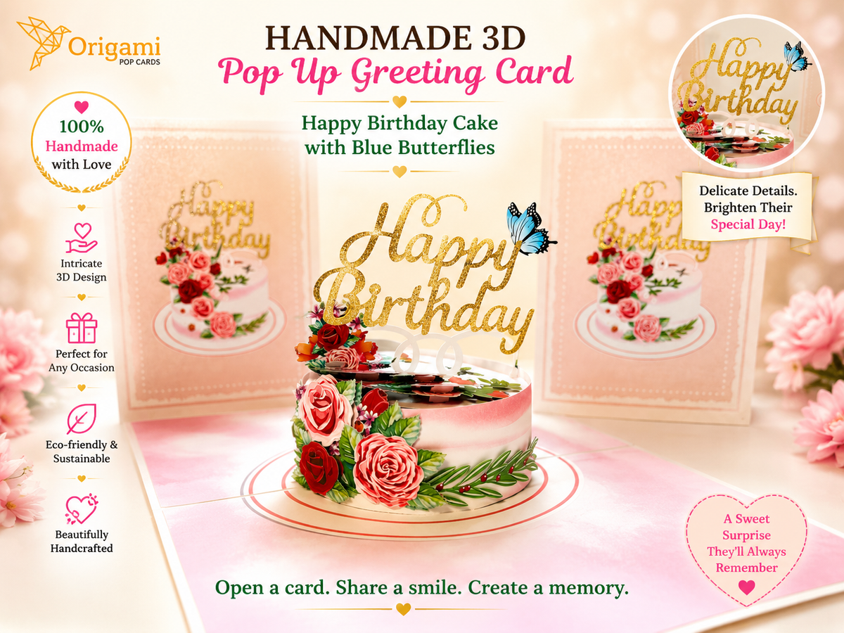 Happy Birthday Cake with Blue Butterflies Origami Pop Cards 3D Pop Up Greeting Card Thank You Handmade Gift Thinking of You Happy Birthday Occasion Australiana Celebrate the Beauty and Happiness During Special Day Best Wishes Gift