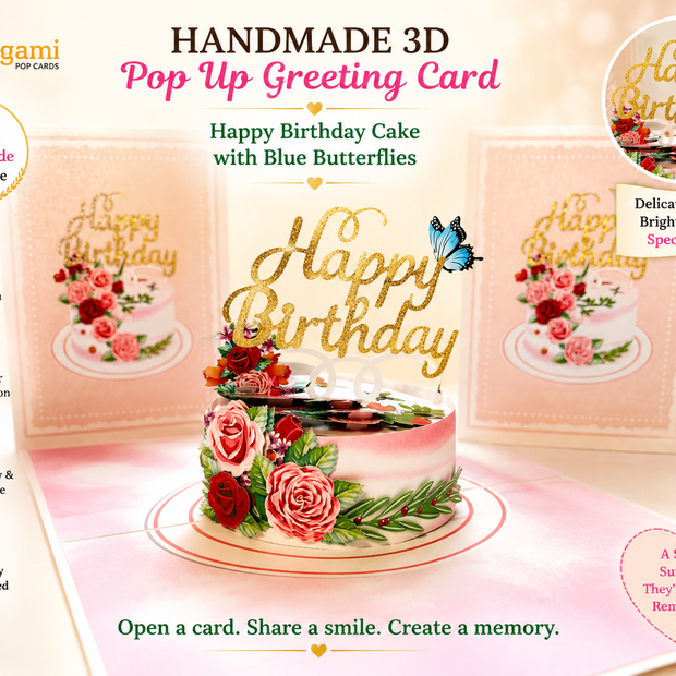 Happy Birthday Cake with Blue Butterflies Origami Pop Cards 3D Pop Up Greeting Card Thank You Handmade Gift Thinking of You Happy Birthday Occasion Australiana Celebrate the Beauty and Happiness During Special Day Best Wishes Gift