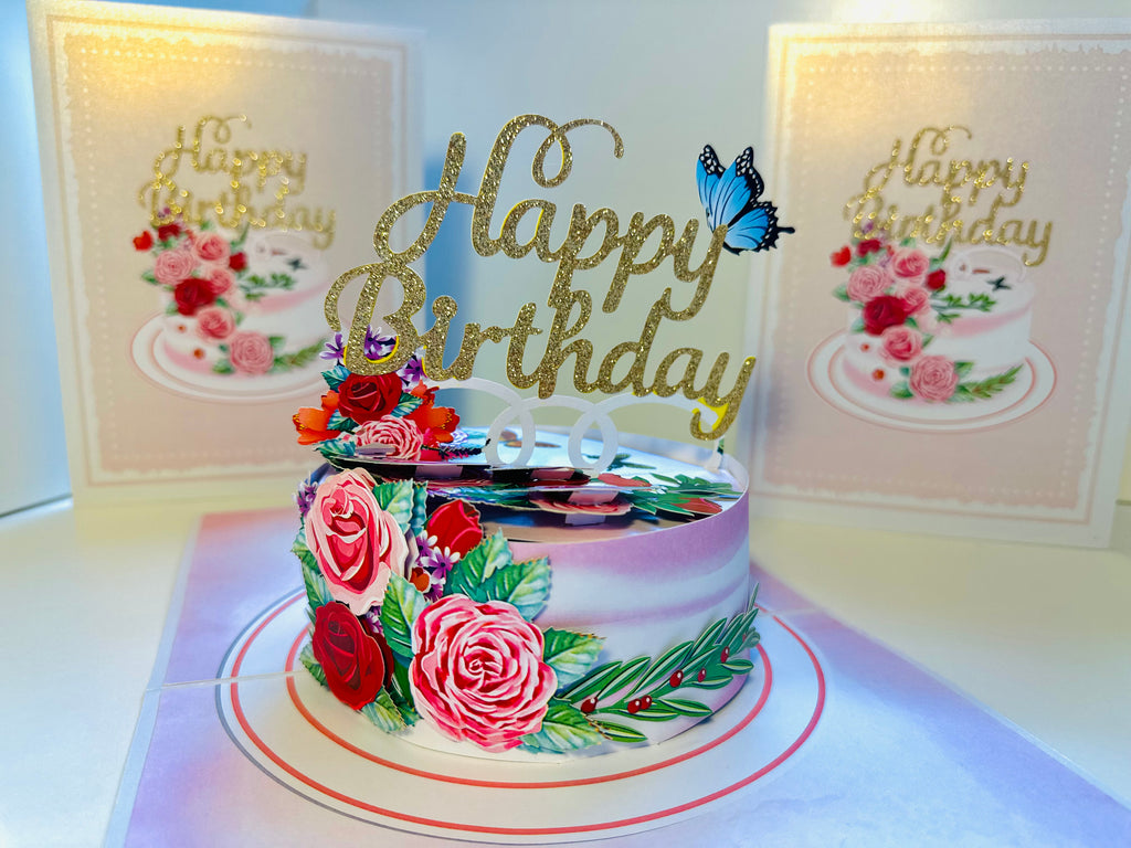 Happy Birthday Cake with Blue Butterflies Origami Pop Cards 3D Pop Up Greeting Card Thank You Handmade Gift Thinking of You Happy Birthday Occasion Australiana Celebrate the Beauty and Happiness During Special Day Best Wishes Gift