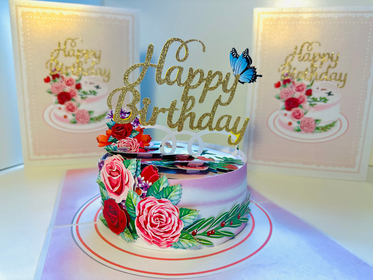 Happy Birthday Cake with Blue Butterflies Origami Pop Cards 3D Pop Up Greeting Card Thank You Handmade Gift Thinking of You Happy Birthday Occasion Australiana Celebrate the Beauty and Happiness During Special Day Best Wishes Gift