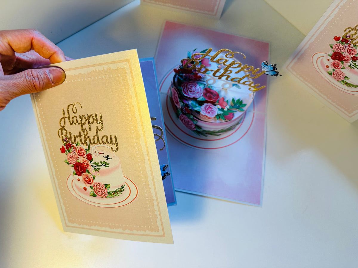 Happy Birthday Cake with Blue Butterflies Origami Pop Cards 3D Pop Up Greeting Card Thank You Handmade Gift Thinking of You Happy Birthday Occasion Australiana Celebrate the Beauty and Happiness During Special Day Best Wishes Gift