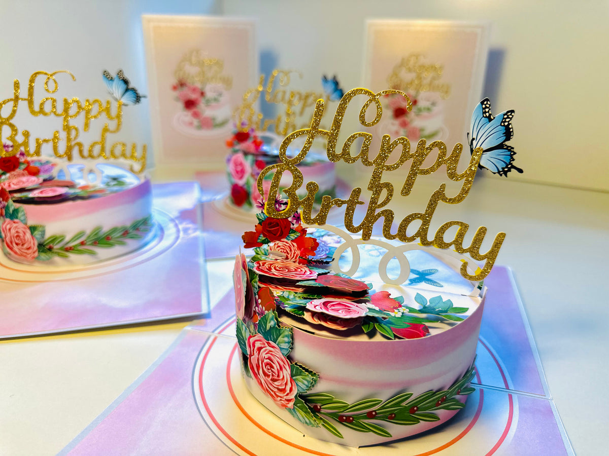 Happy Birthday Cake with Blue Butterflies Origami Pop Cards 3D Pop Up Greeting Card Thank You Handmade Gift Thinking of You Happy Birthday Occasion Australiana Celebrate the Beauty and Happiness During Special Day Best Wishes Gift