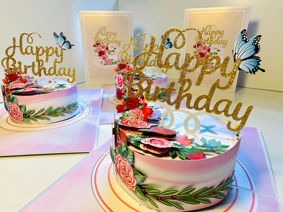 Happy Birthday Cake with Blue Butterflies Origami Pop Cards 3D Pop Up Greeting Card Thank You Handmade Gift Thinking of You Happy Birthday Occasion Australiana Celebrate the Beauty and Happiness During Special Day Best Wishes Gift