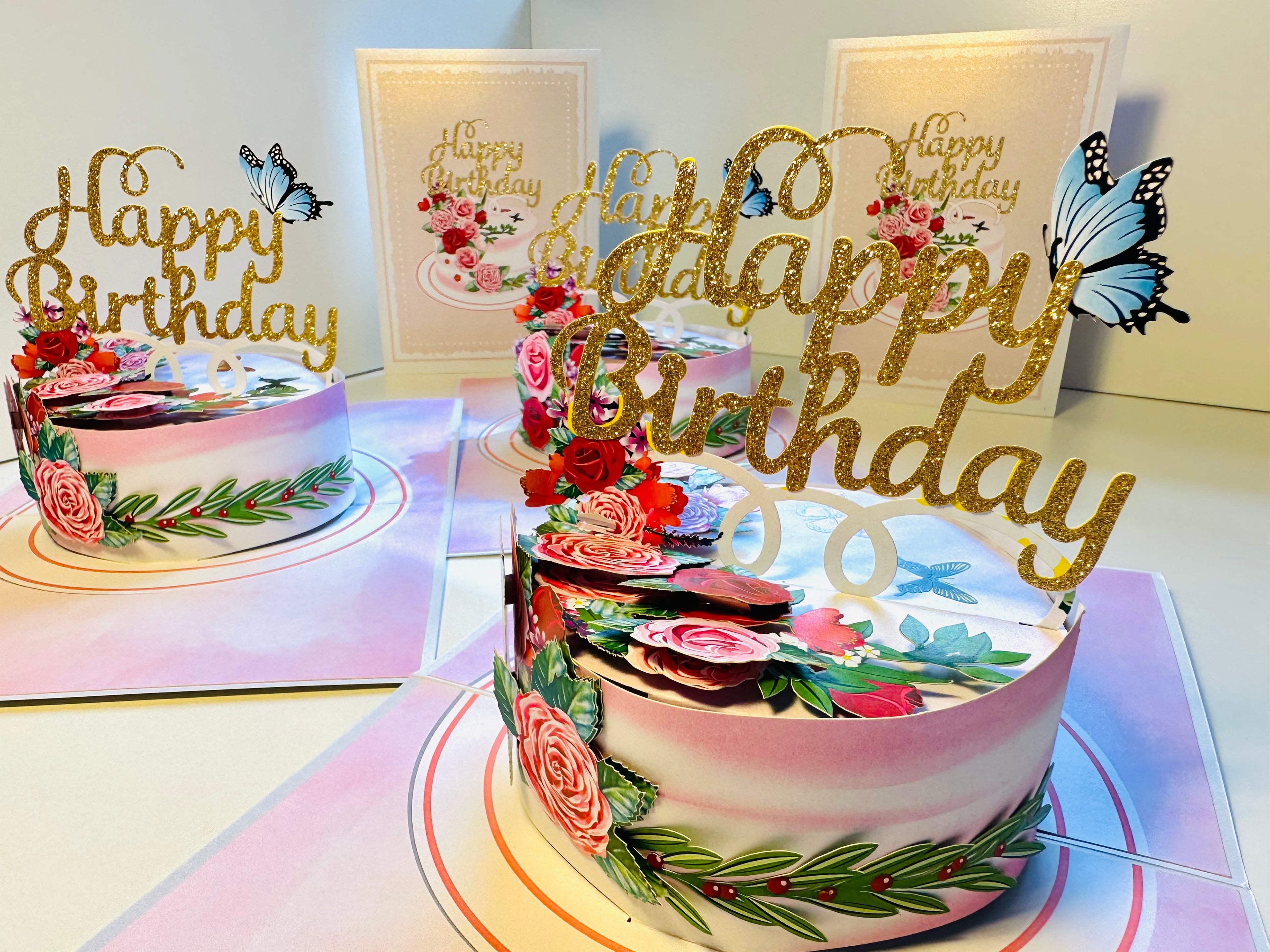 Happy Birthday Cake with Blue Butterflies Origami Pop Cards 3D Pop Up Greeting Card Thank You Handmade Gift Thinking of You Happy Birthday Occasion Australiana Celebrate the Beauty and Happiness During Special Day Best Wishes Gift