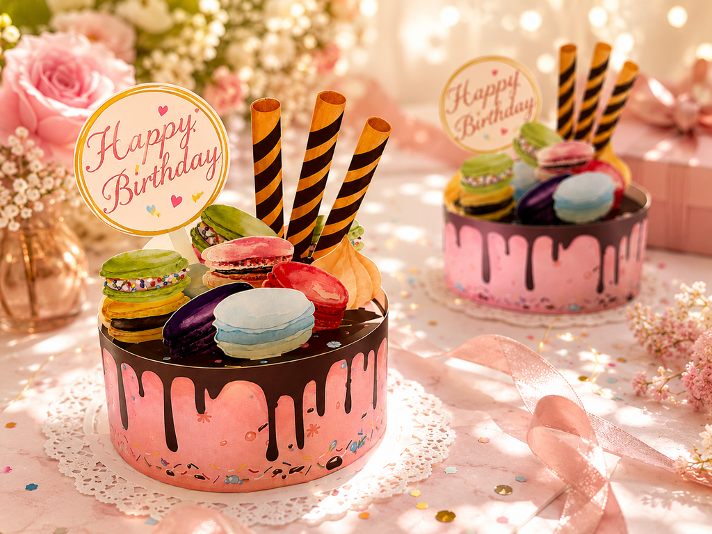 Happy Birthday Cake with Colourful Macarons Origami Pop Cards 3D Pop Up Greeting Card Thank You Handmade Gift Thinking of You Happy Birthday Occasion Australiana Celebrate the Beauty and Happiness During Special Day Best Wishes Gift