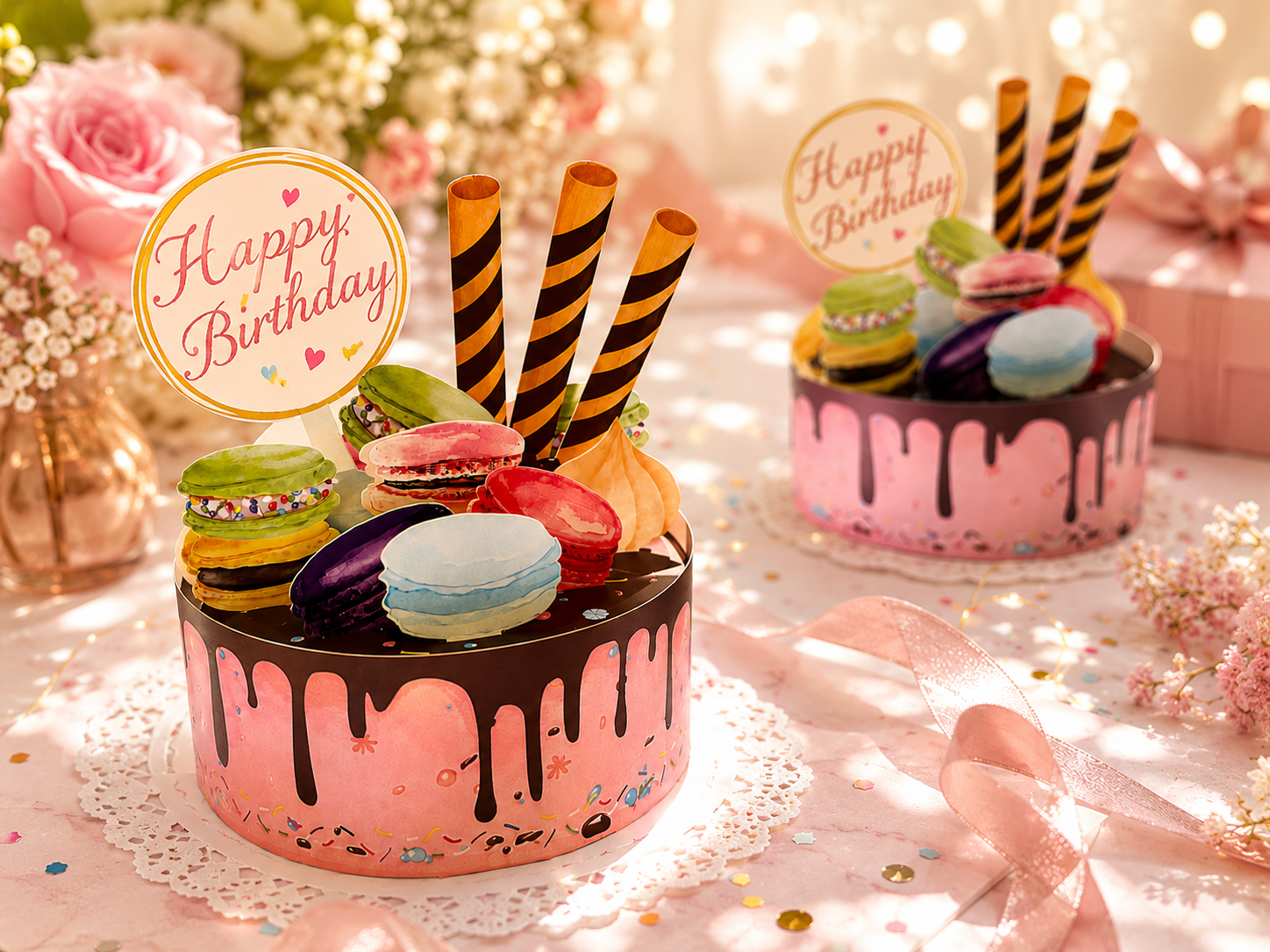 Happy Birthday Cake with Colourful Macarons Origami Pop Cards 3D Pop Up Greeting Card Thank You Handmade Gift Thinking of You Happy Birthday Occasion Australiana Celebrate the Beauty and Happiness During Special Day Best Wishes Gift
