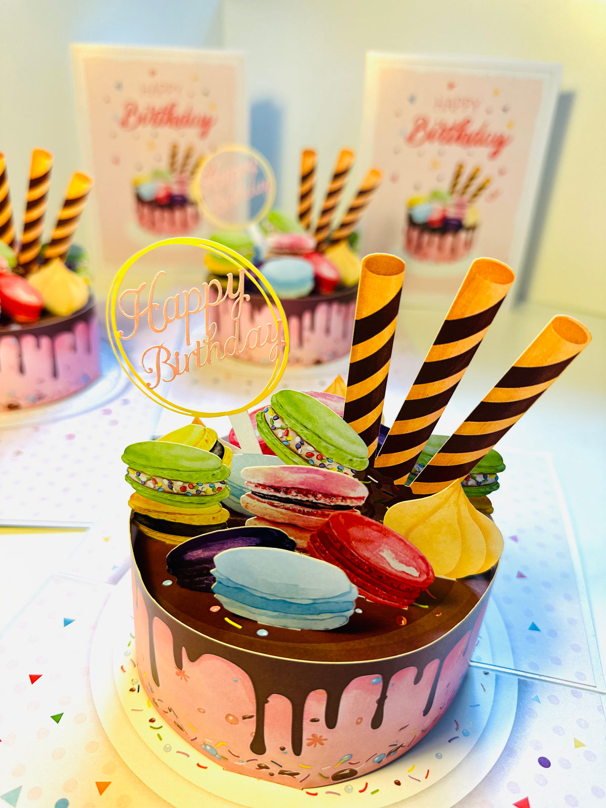Happy Birthday Cake with Colourful Macarons Origami Pop Cards 3D Pop Up Greeting Card Thank You Handmade Gift Thinking of You Happy Birthday Occasion Australiana Celebrate the Beauty and Happiness During Special Day Best Wishes Gift
