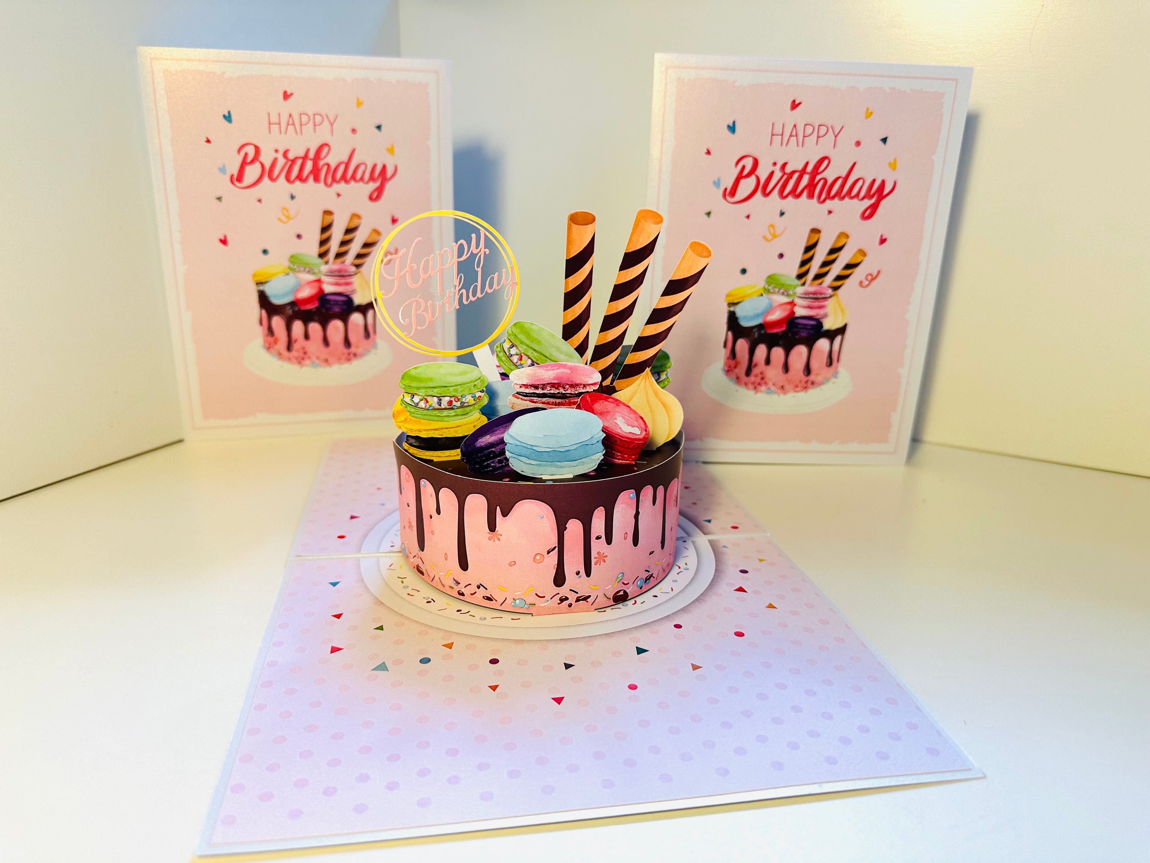 Happy Birthday Cake with Colourful Macarons Origami Pop Cards 3D Pop Up Greeting Card Thank You Handmade Gift Thinking of You Happy Birthday Occasion Australiana Celebrate the Beauty and Happiness During Special Day Best Wishes Gift