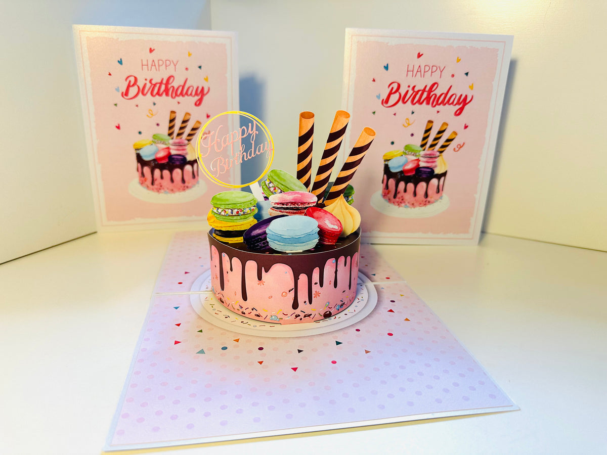 Happy Birthday Cake with Colourful Macarons Origami Pop Cards 3D Pop Up Greeting Card Thank You Handmade Gift Thinking of You Happy Birthday Occasion Australiana Celebrate the Beauty and Happiness During Special Day Best Wishes Gift