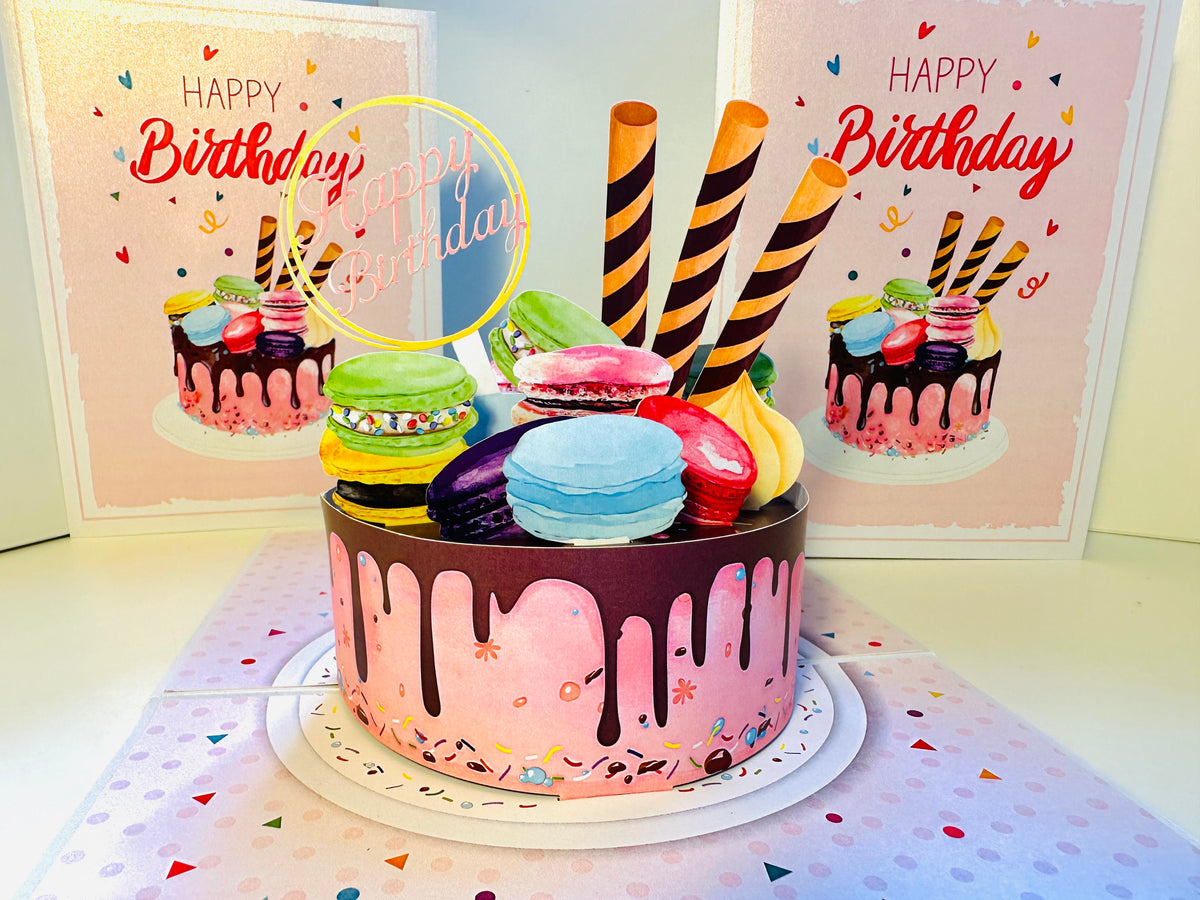Happy Birthday Cake with Colourful Macarons Origami Pop Cards 3D Pop Up Greeting Card Thank You Handmade Gift Thinking of You Happy Birthday Occasion Australiana Celebrate the Beauty and Happiness During Special Day Best Wishes Gift