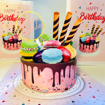 Happy Birthday Cake with Colourful Macarons Origami Pop Cards 3D Pop Up Greeting Card Thank You Handmade Gift Thinking of You Happy Birthday Occasion Australiana Celebrate the Beauty and Happiness During Special Day Best Wishes Gift