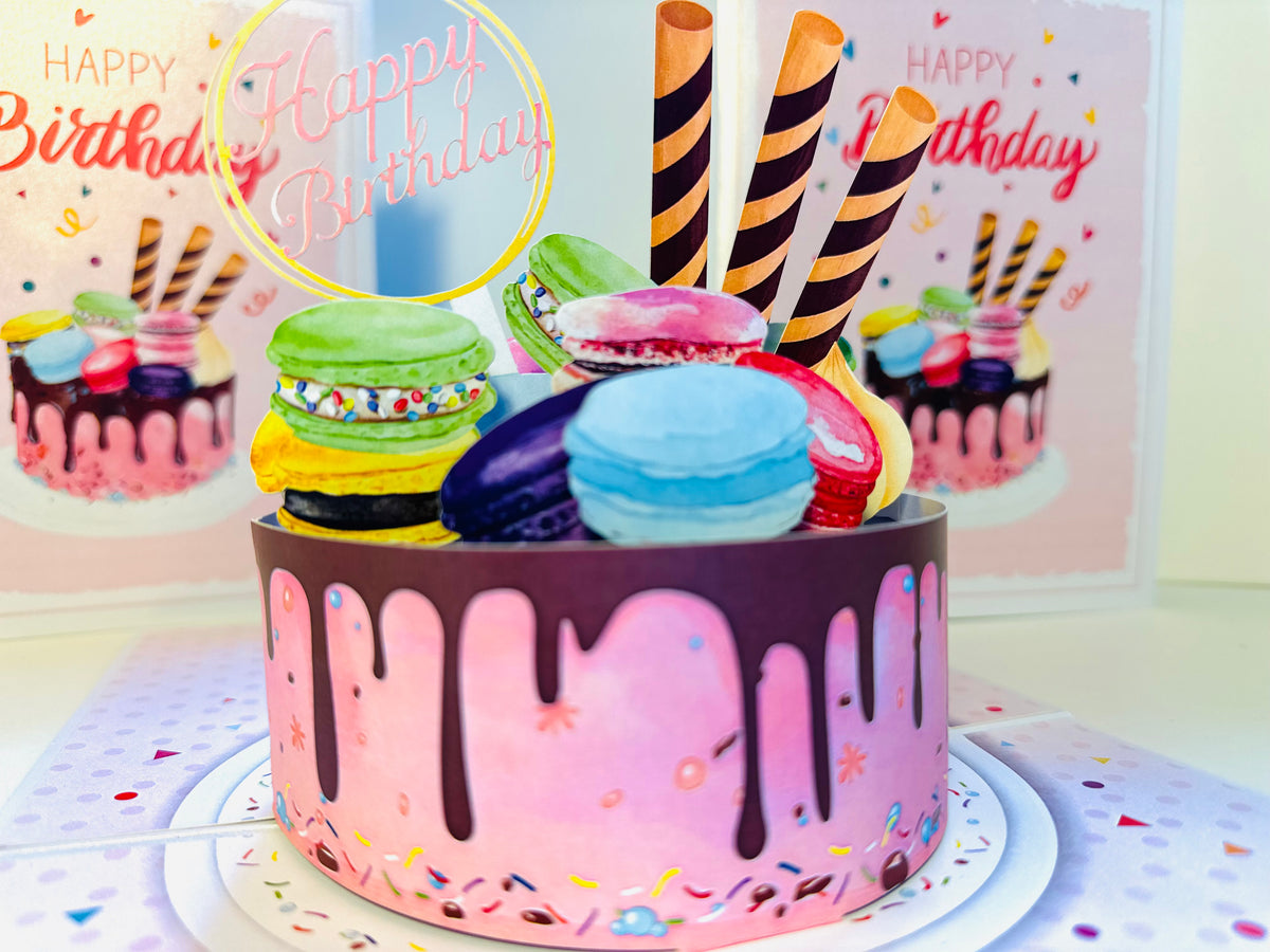 Happy Birthday Cake with Colourful Macarons Origami Pop Cards 3D Pop Up Greeting Card Thank You Handmade Gift Thinking of You Happy Birthday Occasion Australiana Celebrate the Beauty and Happiness During Special Day Best Wishes Gift