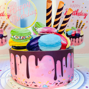 Happy Birthday Cake with Colourful Macarons Origami Pop Cards 3D Pop Up Greeting Card Thank You Handmade Gift Thinking of You Happy Birthday Occasion Australiana Celebrate the Beauty and Happiness During Special Day Best Wishes Gift