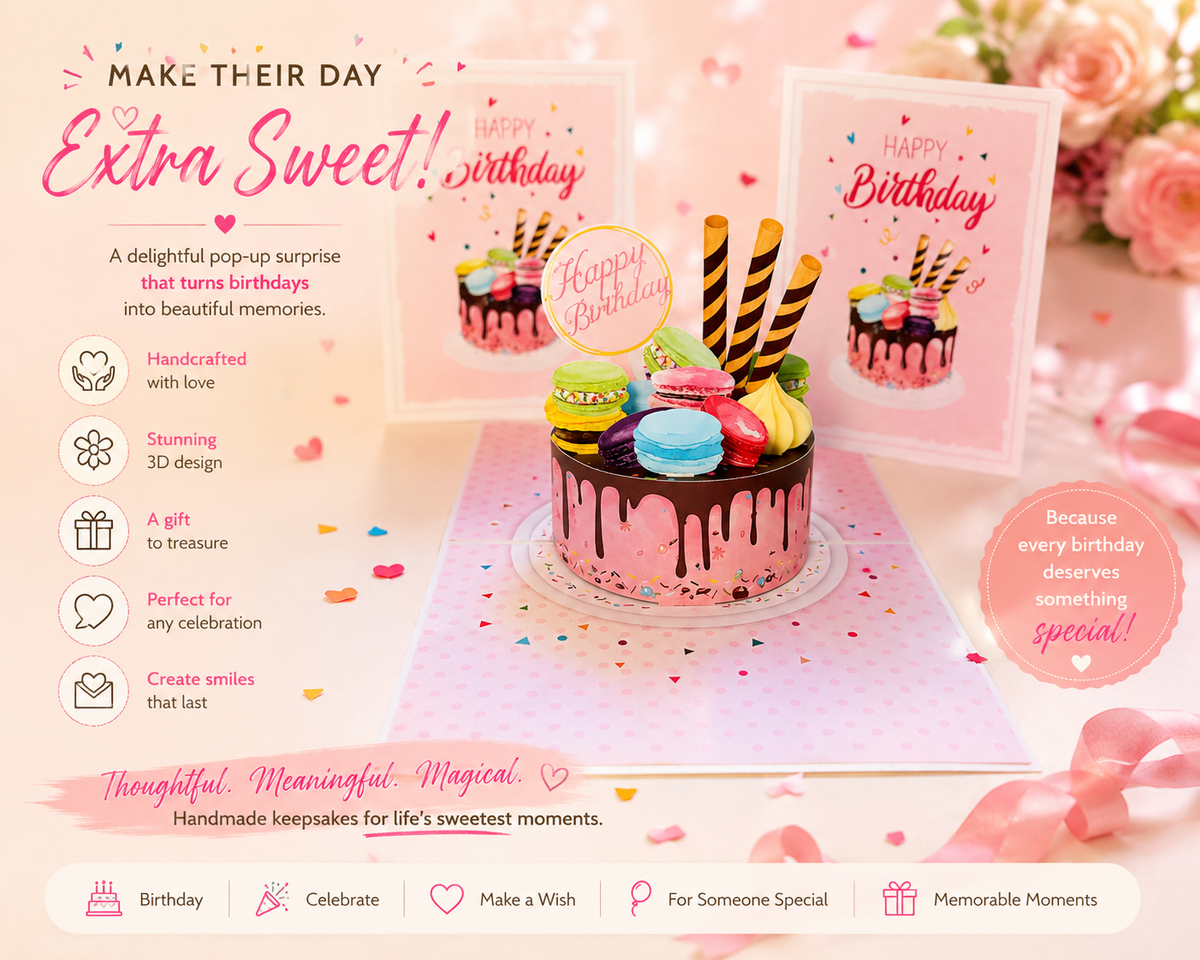 Happy Birthday Cake with Colourful Macarons Origami Pop Cards 3D Pop Up Greeting Card Thank You Handmade Gift Thinking of You Happy Birthday Occasion Australiana Celebrate the Beauty and Happiness During Special Day Best Wishes Gift