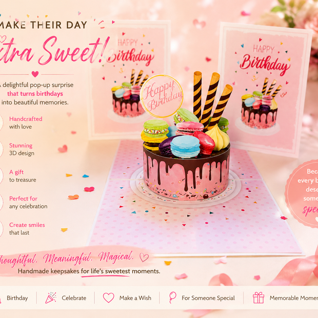 Happy Birthday Cake with Colourful Macarons Origami Pop Cards 3D Pop Up Greeting Card Thank You Handmade Gift Thinking of You Happy Birthday Occasion Australiana Celebrate the Beauty and Happiness During Special Day Best Wishes Gift