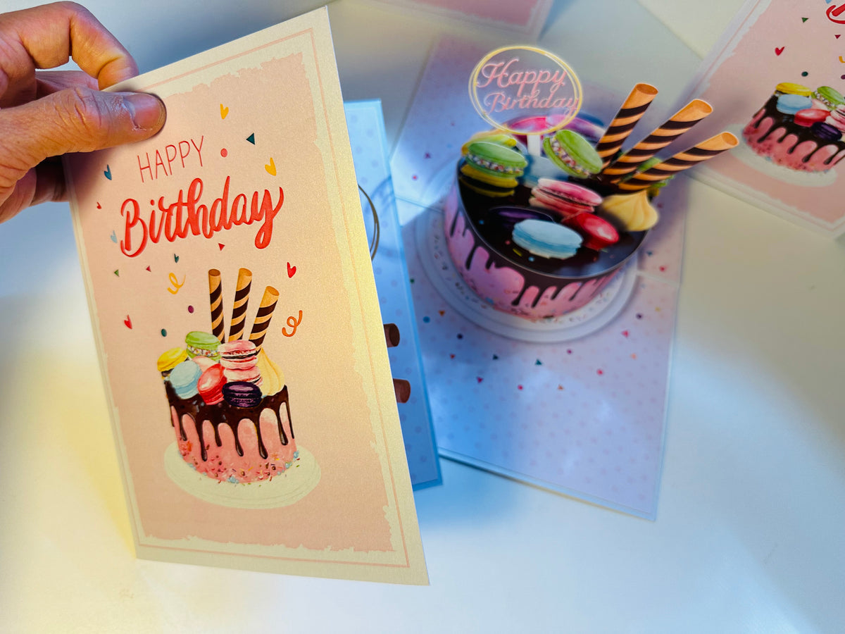 Happy Birthday Cake with Colourful Macarons Origami Pop Cards 3D Pop Up Greeting Card Thank You Handmade Gift Thinking of You Happy Birthday Occasion Australiana Celebrate the Beauty and Happiness During Special Day Best Wishes Gift