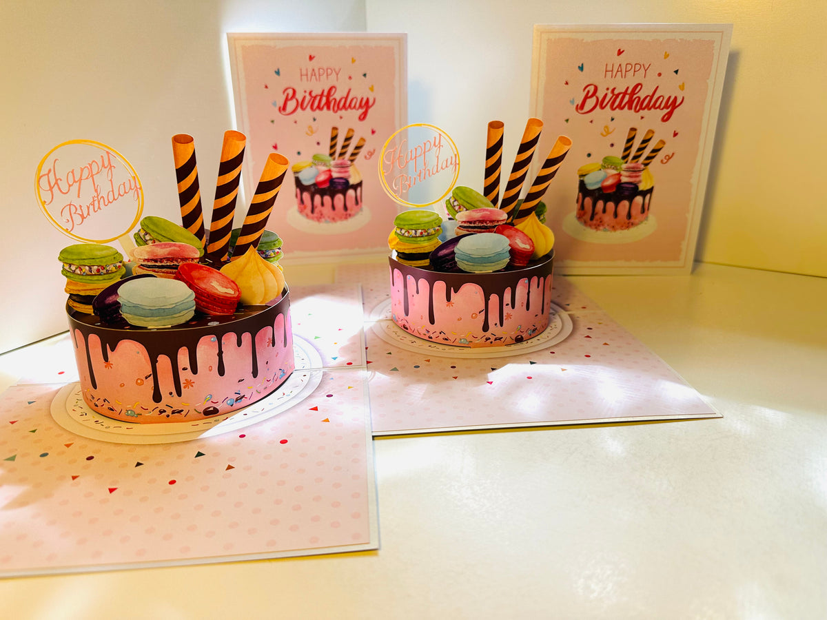 Happy Birthday Cake with Colourful Macarons Origami Pop Cards 3D Pop Up Greeting Card Thank You Handmade Gift Thinking of You Happy Birthday Occasion Australiana Celebrate the Beauty and Happiness During Special Day Best Wishes Gift