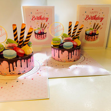 Happy Birthday Cake with Colourful Macarons Origami Pop Cards 3D Pop Up Greeting Card Thank You Handmade Gift Thinking of You Happy Birthday Occasion Australiana Celebrate the Beauty and Happiness During Special Day Best Wishes Gift