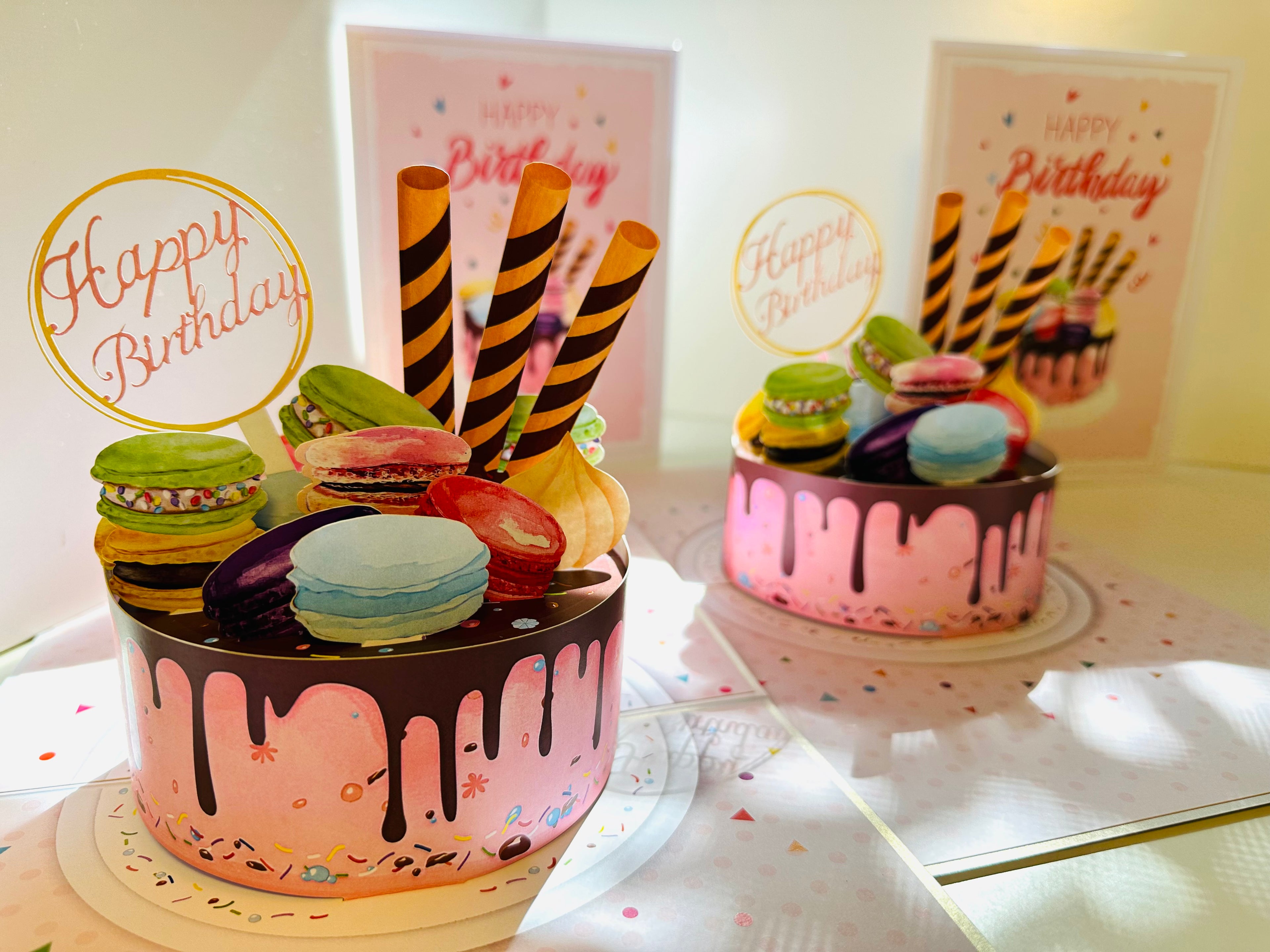 Happy Birthday Cake with Colourful Macarons Origami Pop Cards 3D Pop Up Greeting Card Thank You Handmade Gift Thinking of You Happy Birthday Occasion Australiana Celebrate the Beauty and Happiness During Special Day Best Wishes Gift