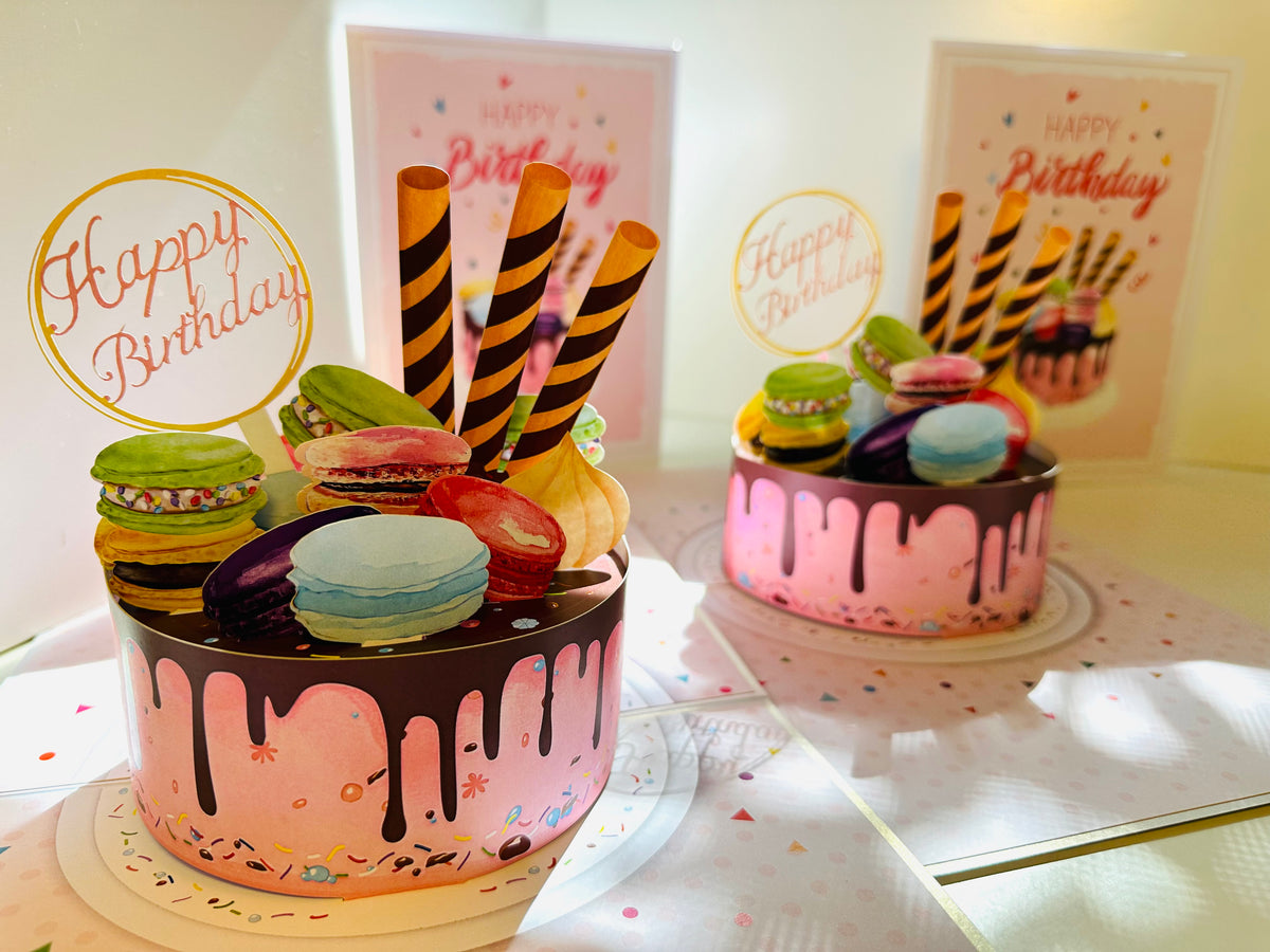 Happy Birthday Cake with Colourful Macarons Origami Pop Cards 3D Pop Up Greeting Card Thank You Handmade Gift Thinking of You Happy Birthday Occasion Australiana Celebrate the Beauty and Happiness During Special Day Best Wishes Gift