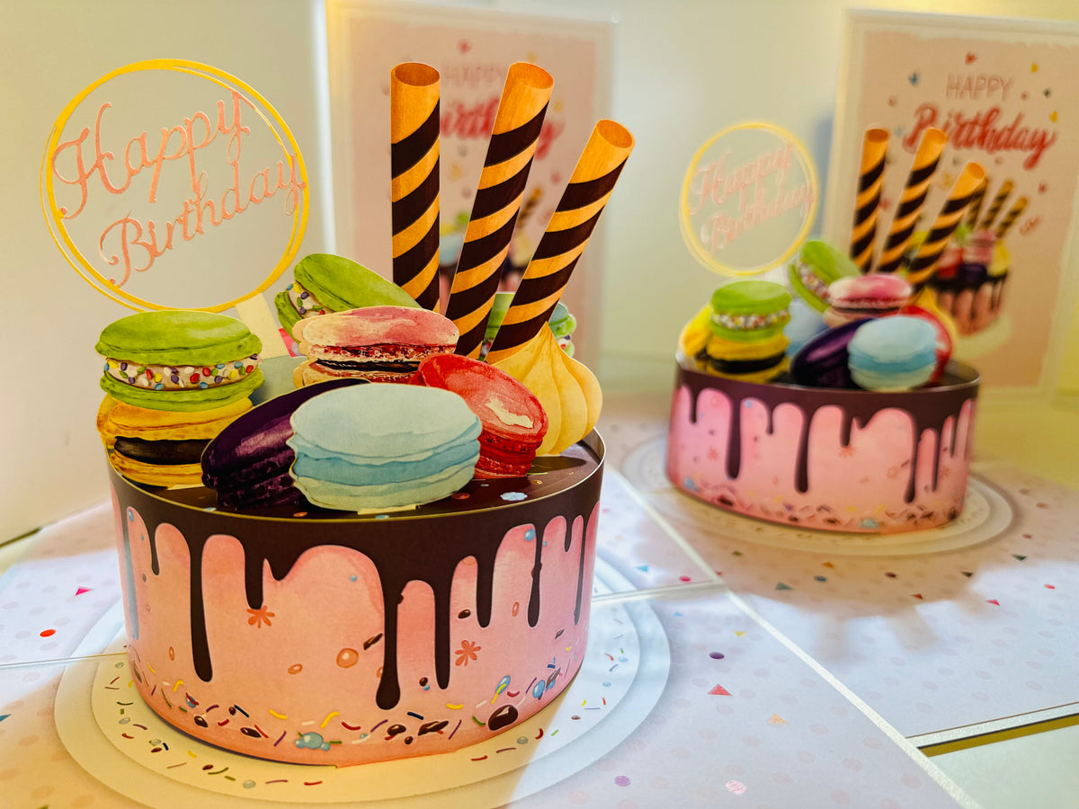 Happy Birthday Cake with Colourful Macarons Origami Pop Cards 3D Pop Up Greeting Card Thank You Handmade Gift Thinking of You Happy Birthday Occasion Australiana Celebrate the Beauty and Happiness During Special Day Best Wishes Gift