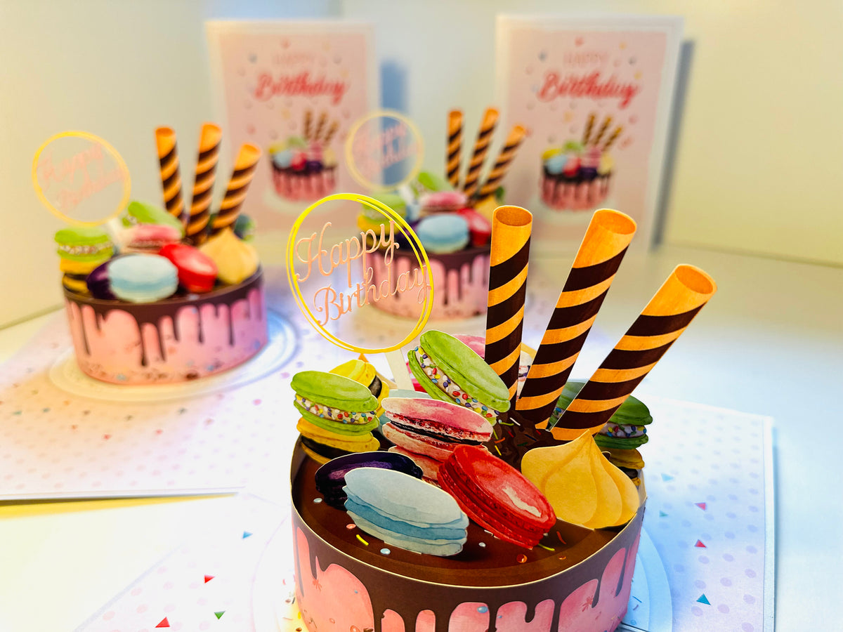 Happy Birthday Cake with Colourful Macarons Origami Pop Cards 3D Pop Up Greeting Card Thank You Handmade Gift Thinking of You Happy Birthday Occasion Australiana Celebrate the Beauty and Happiness During Special Day Best Wishes Gift