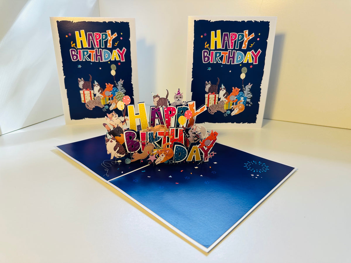 Happy Birthday Cat Party Origami Pop Cards 3D Pop Up Greeting Card Thank You Handmade Gift Thinking of You Happy Birthday Occasion Australiana Celebrate the Beauty and Happiness During Special Day Best Wishes Gift Perfect for Cat Lovers