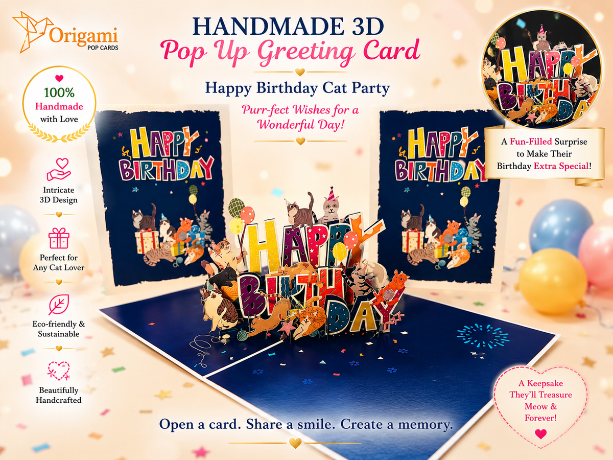 Happy Birthday Cat Party Origami Pop Cards 3D Pop Up Greeting Card Thank You Handmade Gift Thinking of You Happy Birthday Occasion Australiana Celebrate the Beauty and Happiness During Special Day Best Wishes Gift Perfect for Cat Lovers