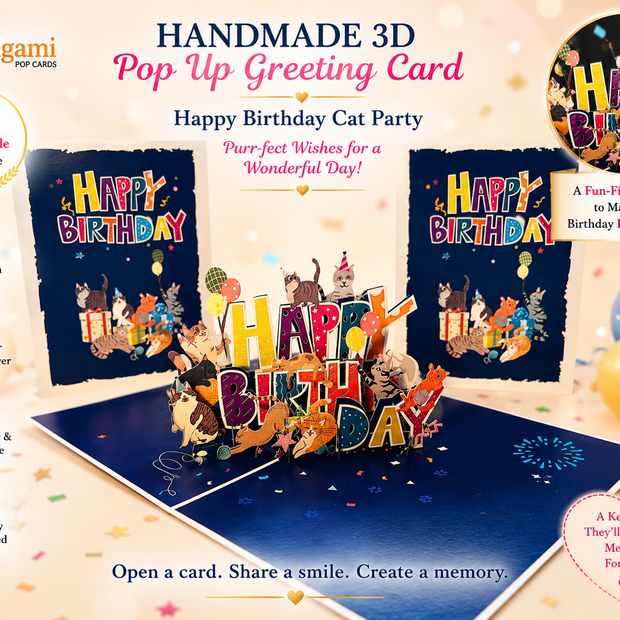 Happy Birthday Cat Party Origami Pop Cards 3D Pop Up Greeting Card Thank You Handmade Gift Thinking of You Happy Birthday Occasion Australiana Celebrate the Beauty and Happiness During Special Day Best Wishes Gift Perfect for Cat Lovers
