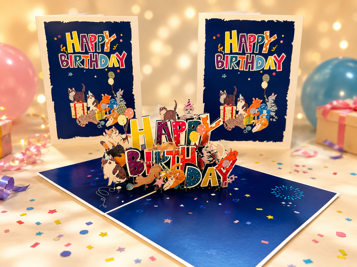 Happy Birthday Cat Party Origami Pop Cards 3D Pop Up Greeting Card Thank You Handmade Gift Thinking of You Happy Birthday Occasion Australiana Celebrate the Beauty and Happiness During Special Day Best Wishes Gift Perfect for Cat Lovers