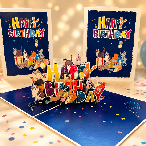 Happy Birthday Cat Party Origami Pop Cards 3D Pop Up Greeting Card Thank You Handmade Gift Thinking of You Happy Birthday Occasion Australiana Celebrate the Beauty and Happiness During Special Day Best Wishes Gift Perfect for Cat Lovers