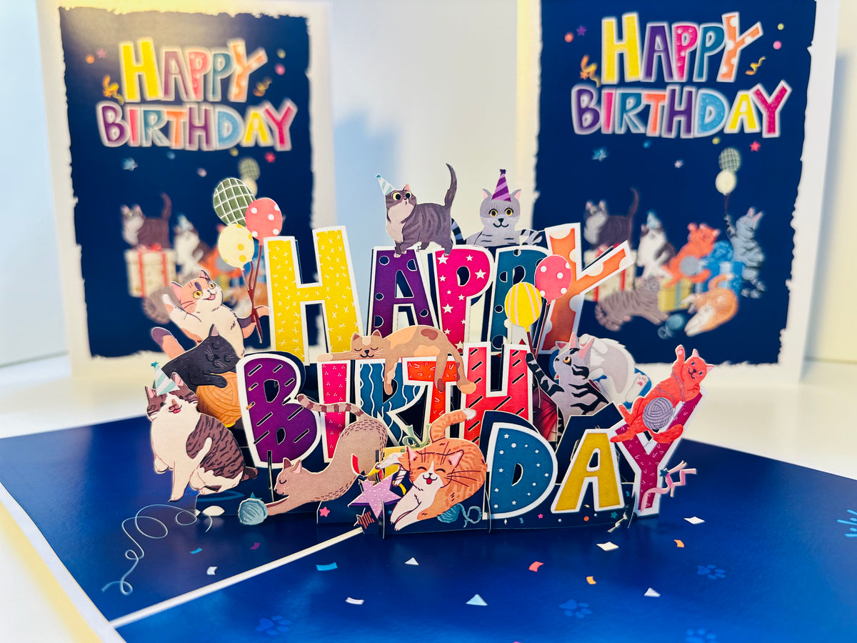 Happy Birthday Cat Party Origami Pop Cards 3D Pop Up Greeting Card Thank You Handmade Gift Thinking of You Happy Birthday Occasion Australiana Celebrate the Beauty and Happiness During Special Day Best Wishes Gift Perfect for Cat Lovers