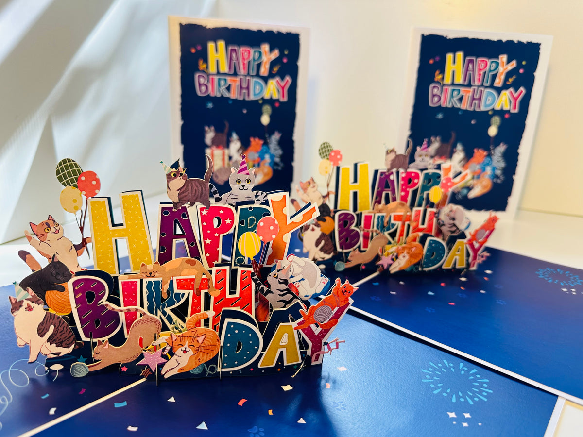 Happy Birthday Cat Party Origami Pop Cards 3D Pop Up Greeting Card Thank You Handmade Gift Thinking of You Happy Birthday Occasion Australiana Celebrate the Beauty and Happiness During Special Day Best Wishes Gift Perfect for Cat Lovers