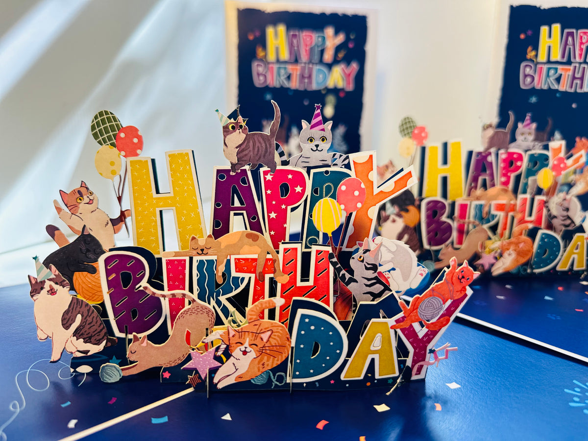 Happy Birthday Cat Party Origami Pop Cards 3D Pop Up Greeting Card Thank You Handmade Gift Thinking of You Happy Birthday Occasion Australiana Celebrate the Beauty and Happiness During Special Day Best Wishes Gift Perfect for Cat Lovers