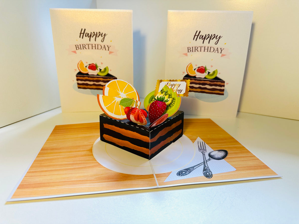 Happy Birthday Chocolate Cake with Mixed Fruits Origami Pop Cards 3D Pop Up Greeting Card Thank You Handmade Gift Thinking of You Happy Birthday Occasion Australiana Celebrate the Beauty and Happiness During Special Day Best Wishes Gift