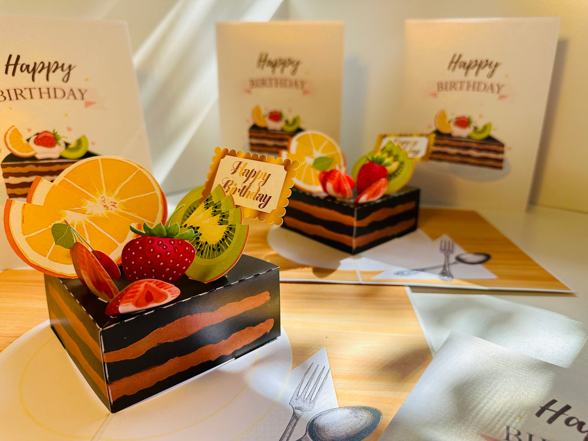 Happy Birthday Chocolate Cake with Mixed Fruits Origami Pop Cards 3D Pop Up Greeting Card Thank You Handmade Gift Thinking of You Happy Birthday Occasion Australiana Celebrate the Beauty and Happiness During Special Day Best Wishes Gift