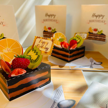 Happy Birthday Chocolate Cake with Mixed Fruits Origami Pop Cards 3D Pop Up Greeting Card Thank You Handmade Gift Thinking of You Happy Birthday Occasion Australiana Celebrate the Beauty and Happiness During Special Day Best Wishes Gift