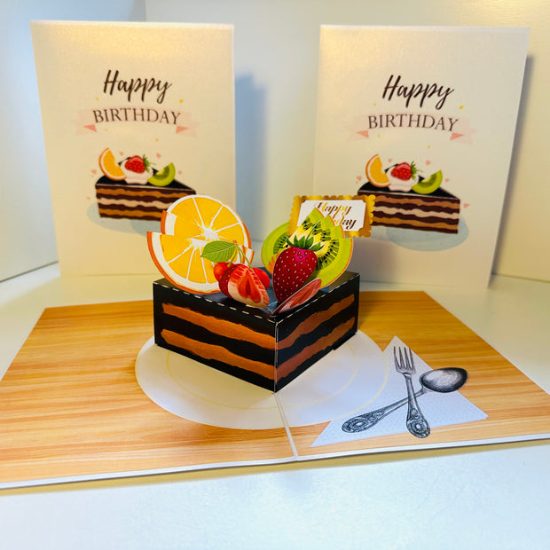 Happy Birthday Chocolate Cake with Mixed Fruits Origami Pop Cards 3D Pop Up Greeting Card Thank You Handmade Gift Thinking of You Happy Birthday Occasion Australiana Celebrate the Beauty and Happiness During Special Day Best Wishes Gift