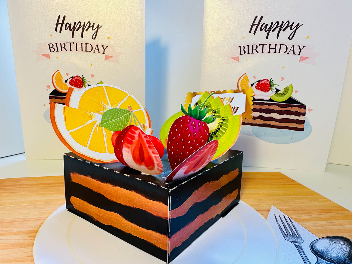 Happy Birthday Chocolate Cake with Mixed Fruits Origami Pop Cards 3D Pop Up Greeting Card Thank You Handmade Gift Thinking of You Happy Birthday Occasion Australiana Celebrate the Beauty and Happiness During Special Day Best Wishes Gift