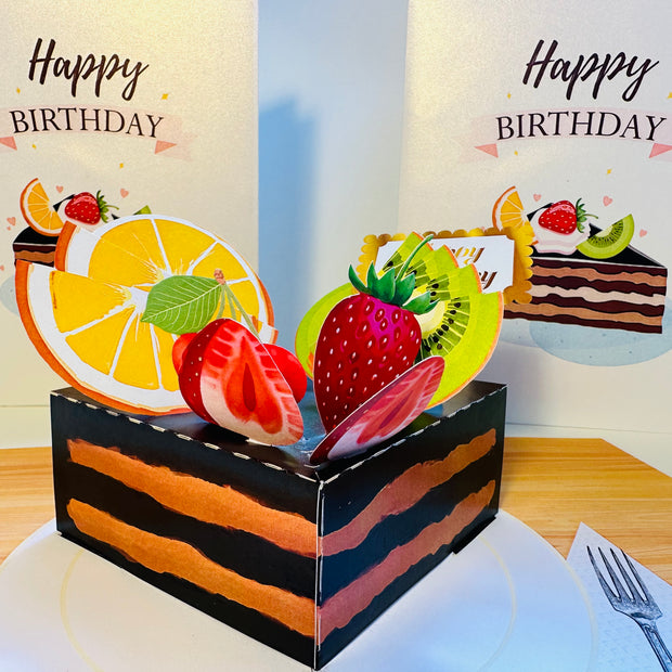 Happy Birthday Chocolate Cake with Mixed Fruits Origami Pop Cards 3D Pop Up Greeting Card Thank You Handmade Gift Thinking of You Happy Birthday Occasion Australiana Celebrate the Beauty and Happiness During Special Day Best Wishes Gift