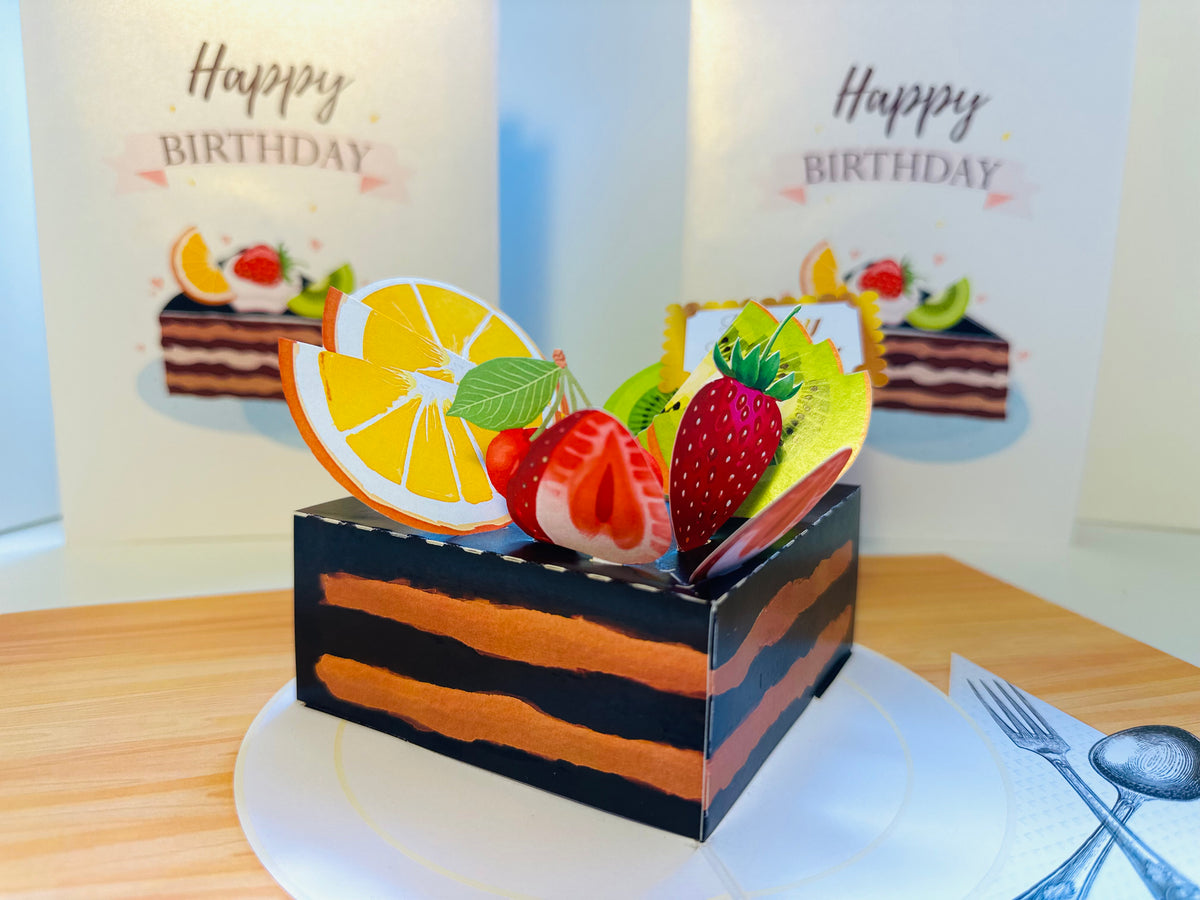 Happy Birthday Chocolate Cake with Mixed Fruits Origami Pop Cards 3D Pop Up Greeting Card Thank You Handmade Gift Thinking of You Happy Birthday Occasion Australiana Celebrate the Beauty and Happiness During Special Day Best Wishes Gift