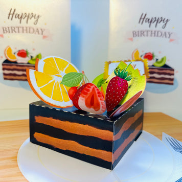 Happy Birthday Chocolate Cake with Mixed Fruits Origami Pop Cards 3D Pop Up Greeting Card Thank You Handmade Gift Thinking of You Happy Birthday Occasion Australiana Celebrate the Beauty and Happiness During Special Day Best Wishes Gift