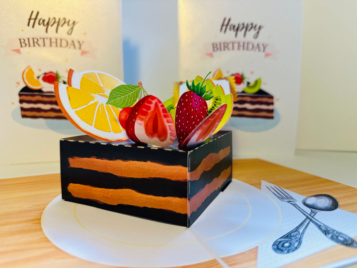 Happy Birthday Chocolate Cake with Mixed Fruits Origami Pop Cards 3D Pop Up Greeting Card Thank You Handmade Gift Thinking of You Happy Birthday Occasion Australiana Celebrate the Beauty and Happiness During Special Day Best Wishes Gift
