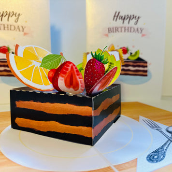 Happy Birthday Chocolate Cake with Mixed Fruits Origami Pop Cards 3D Pop Up Greeting Card Thank You Handmade Gift Thinking of You Happy Birthday Occasion Australiana Celebrate the Beauty and Happiness During Special Day Best Wishes Gift